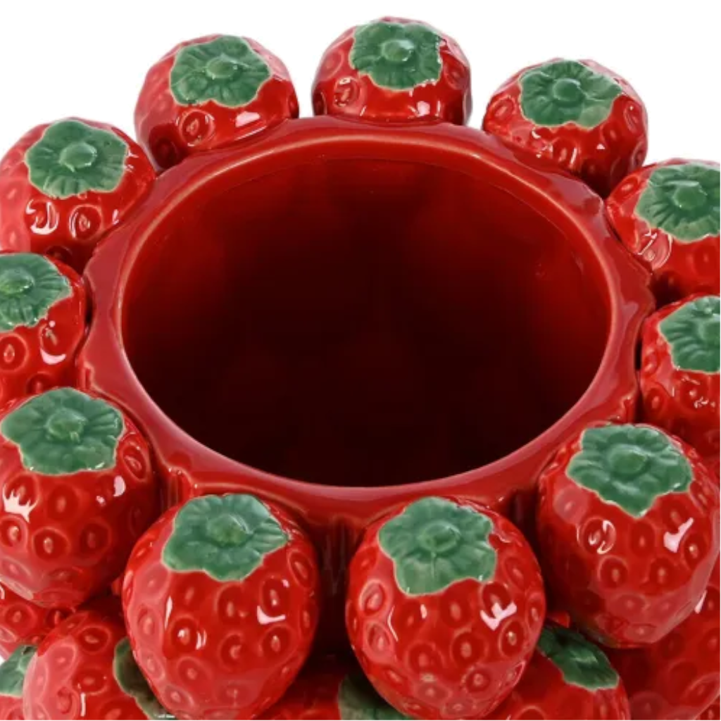 Steingutvase mit Erdbeeren, Höhe 34cm.