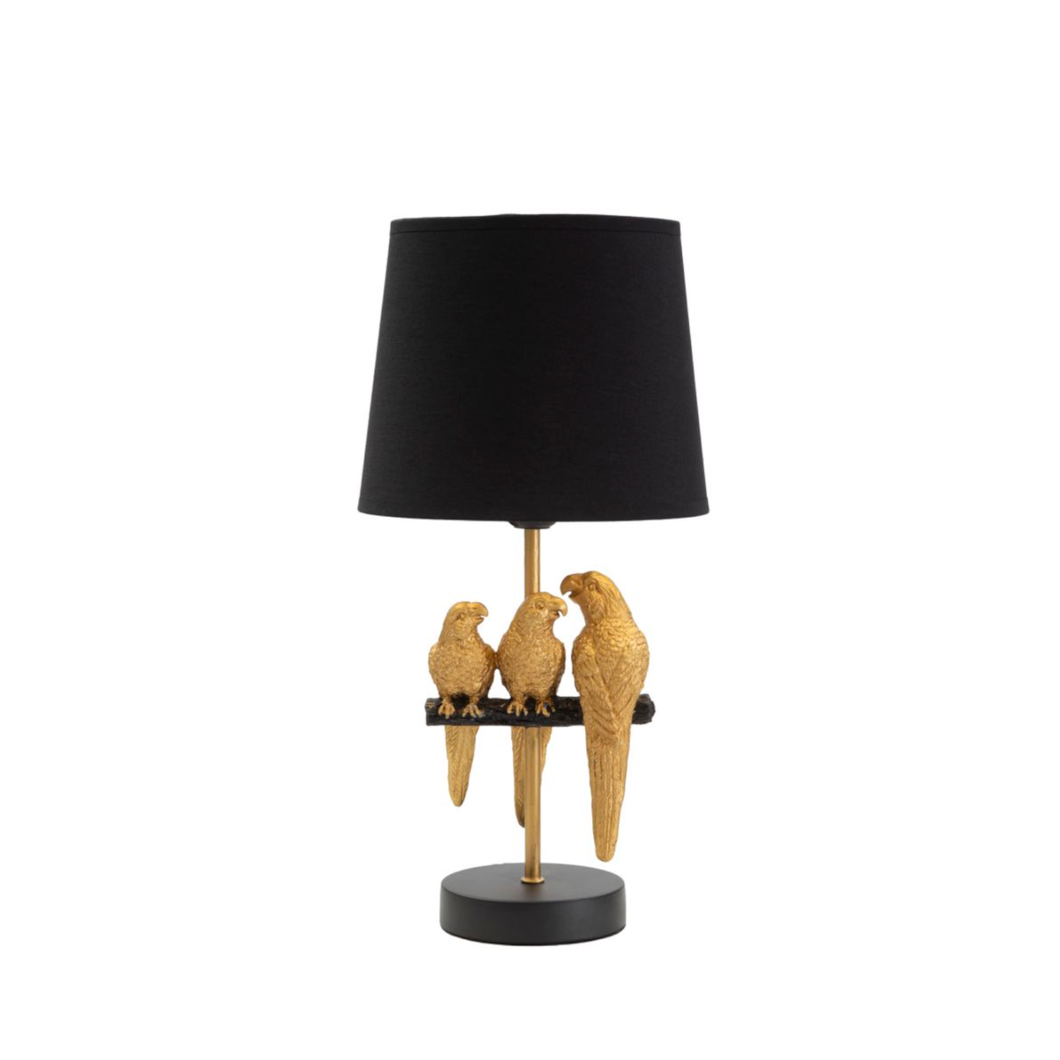 Tischleuchte mit Papageien. Mini. Höhe: 39cm. gold/schwarz.