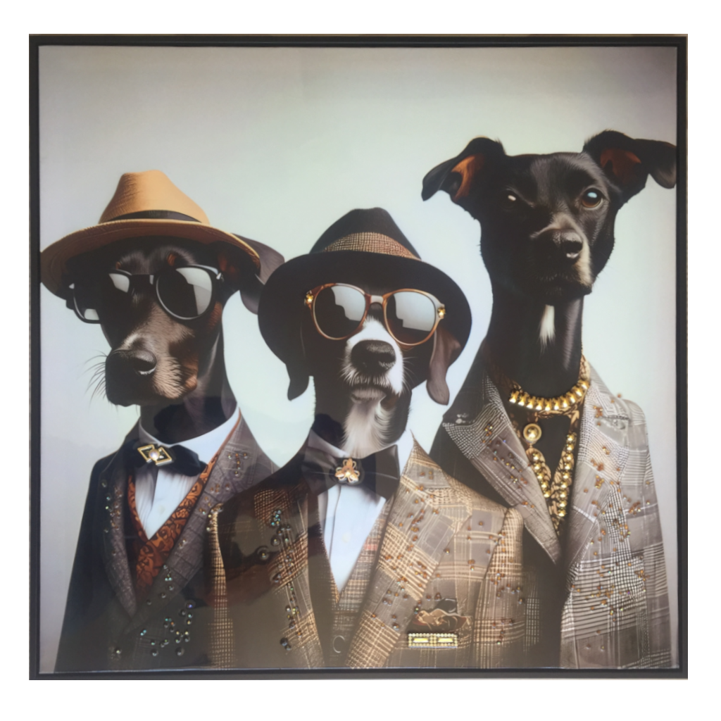 Hunde Gang mit Sonnenbrillen II, Leinwandbild Höhe: 62cm.