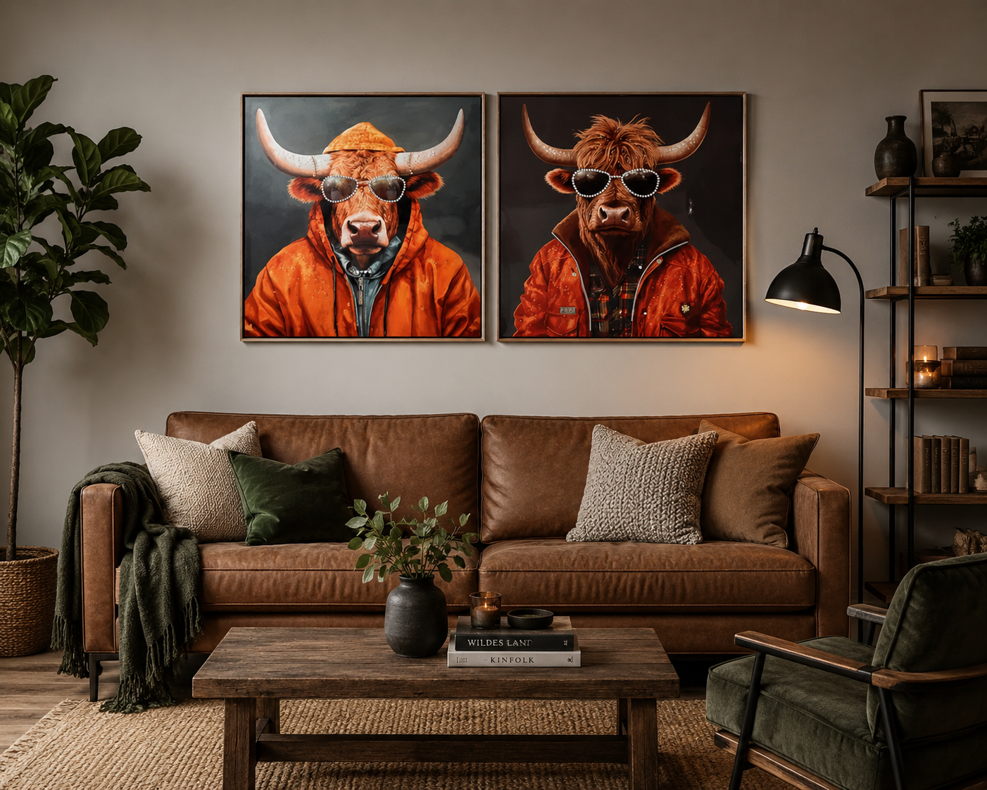 2er Set Hornochsen mit Sonnenbrillen, Leinwandbild Höhe: 82cm
