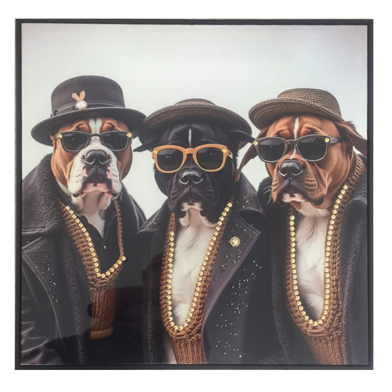 Hunde Gang mit Sonnenbrillen IV, Leinwandbild Höhe: 62cm.