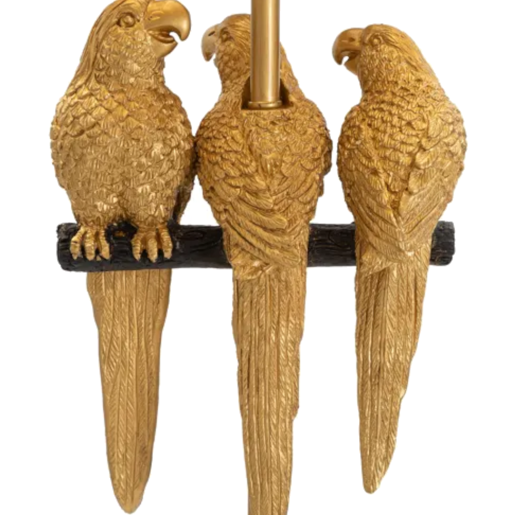 Stehleuchte mit Papageien. Höhe: 164,5cm. Gold/schwarz.