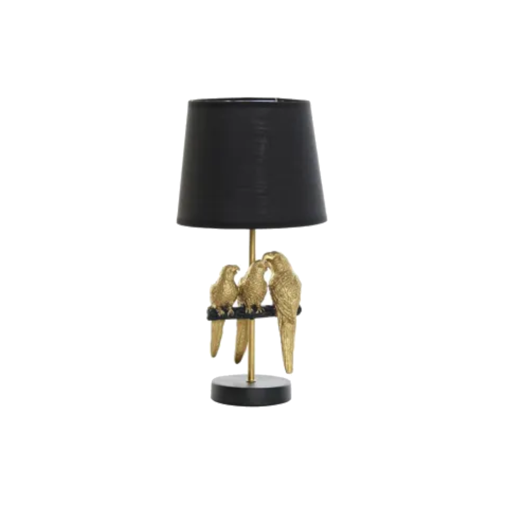 Tischleuchte mit Papageien. XL. Höhe: 62,5cm. gold/schwarz.