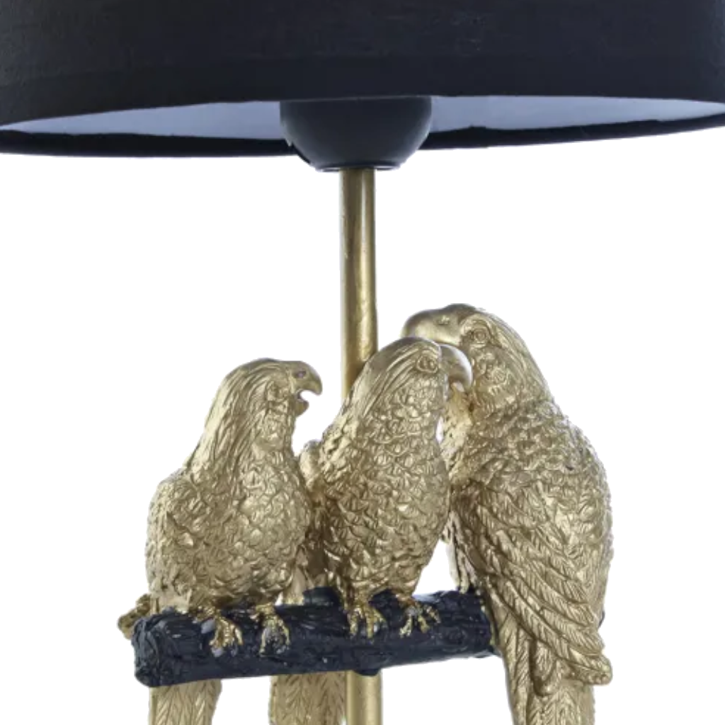 Tischleuchte mit Papageien. XL. Höhe: 62,5cm. gold/schwarz.