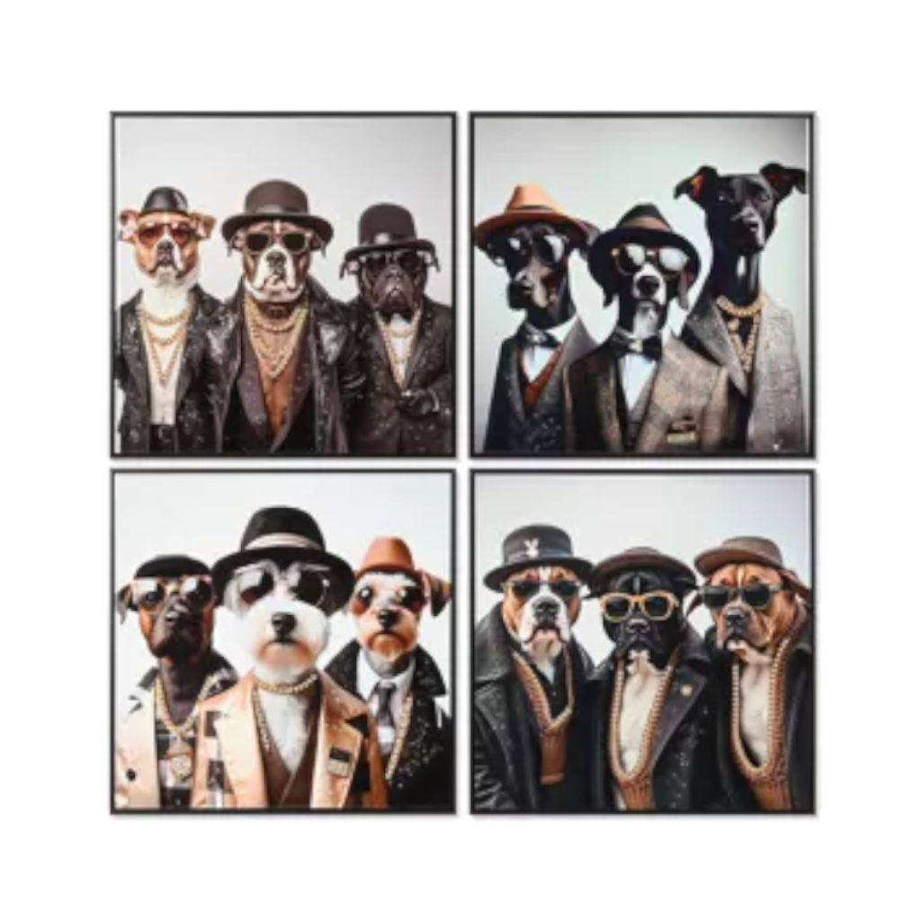 4 Bilder mit je 3 Hunden mit Sonnenbrille