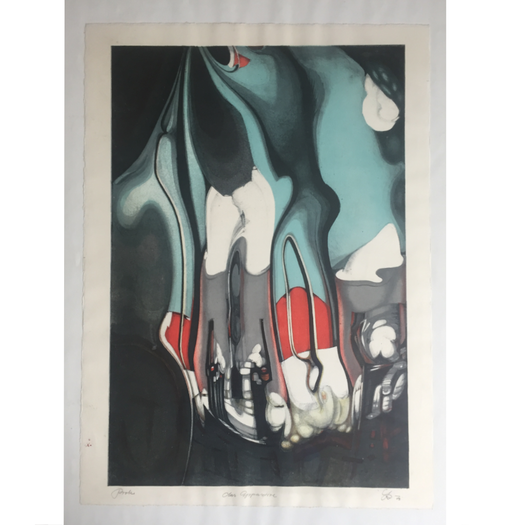 Abstakte Lithographie mit grün roten Flächen