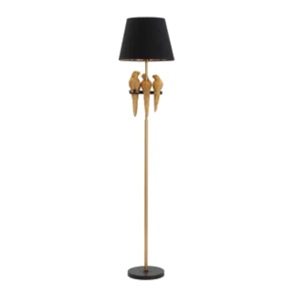 Stehleuchte mit Papageien. Höhe: 164,5cm. Gold/schwarz.