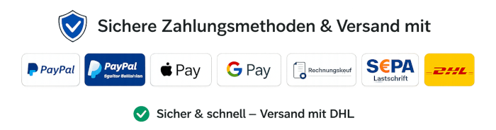 Zahlungsarten: PayPal, PayPal Später Bezahlen, Rechnung, SEPA, Apple Pay, Google,Pay, – Versand mit DHL