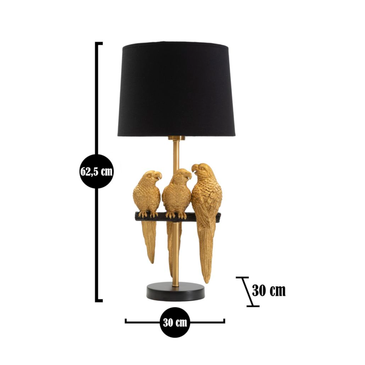 Tischleuchte mit Papageien. XL. Höhe: 62,5cm. gold/schwarz.