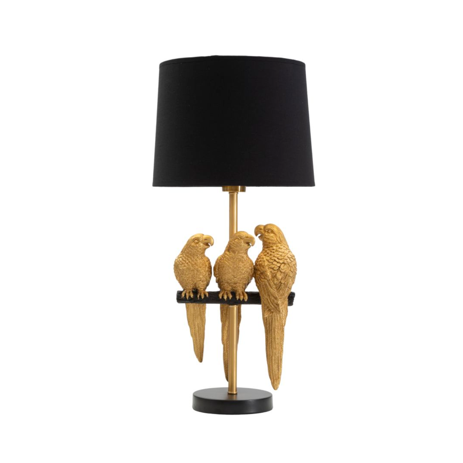 Tischleuchte mit Papageien. XL. Höhe: 62,5cm. gold/schwarz.