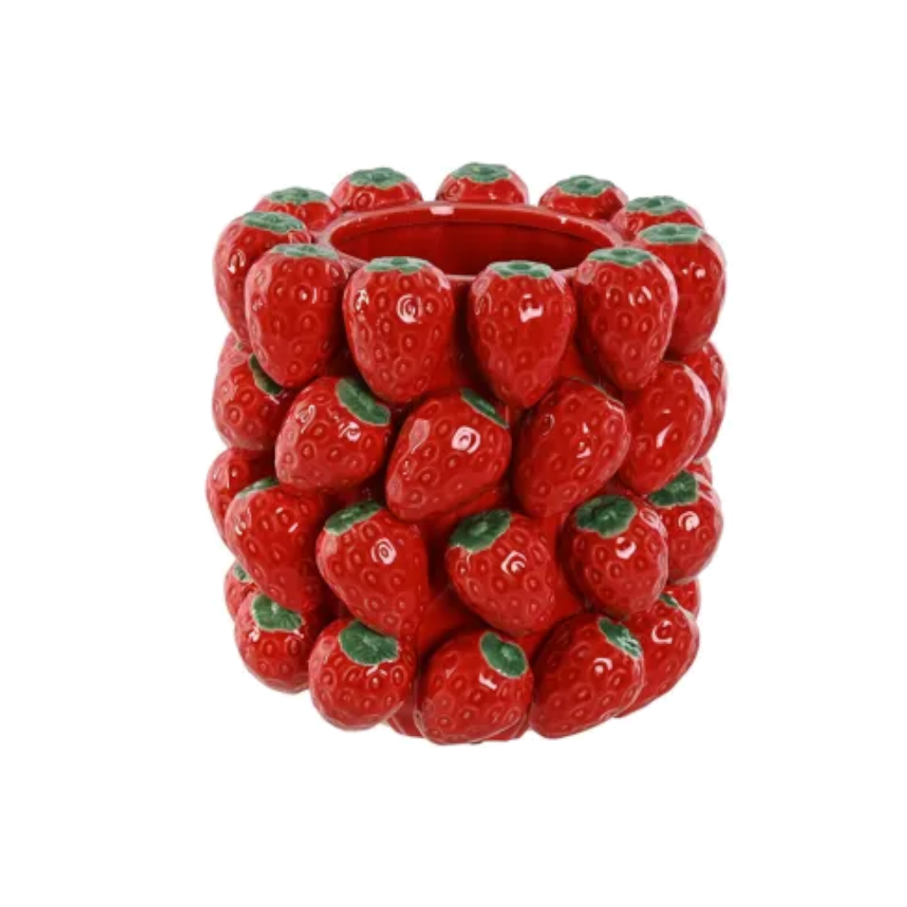 Steingutvase mit Erdbeeren, Höhe 34cm.