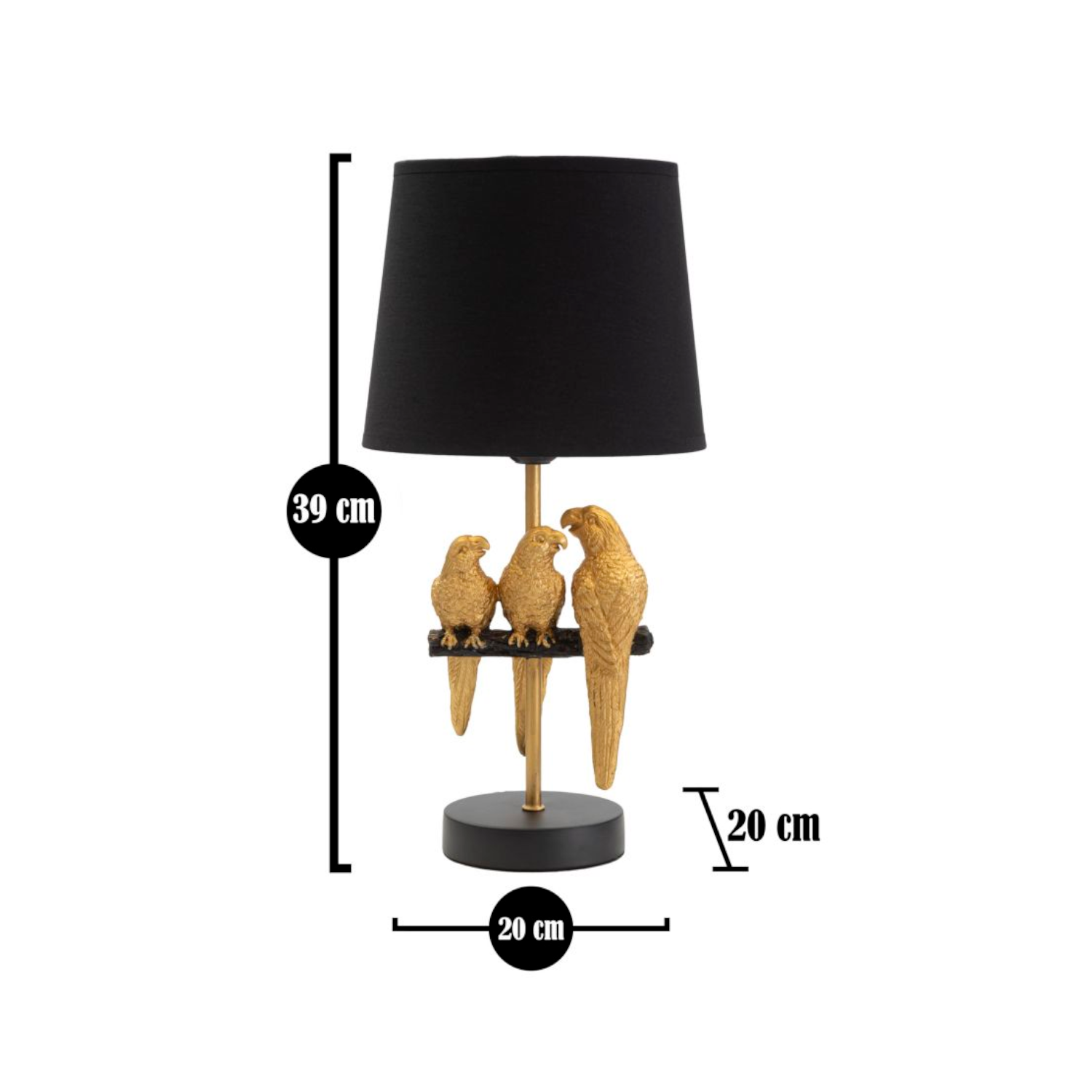 Tischleuchte mit Papageien. Mini. Höhe: 39cm. gold/schwarz.